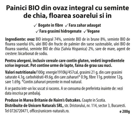 Painici eco din ovaz integral cu seminte de chia, floarea soarelui si in, 200 g, Nairns 600041