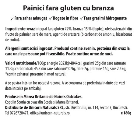Painici fara gluten din ovaz integral cu branza, 180 g, Nairns 600043