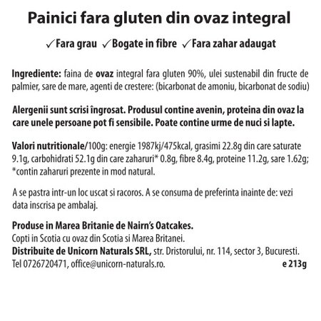 Painici fara gluten din ovaz integral, 213 g, Nairns 600045
