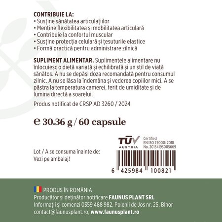 Colagen tip 2 pentru articulatii, oase si piele Colagenus, 60 capsule, Faunus Plant 739322