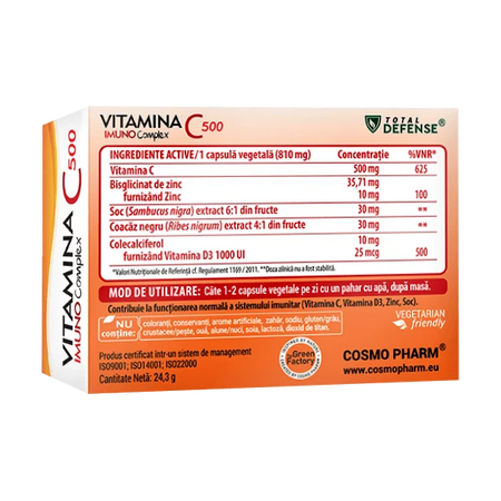 Vitamina C 500 Imuno Complex cu Zinc, Soc, Coacaz Negru si Vitamina D3, 30 capsule vegetale, Cosmopharm 628169