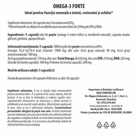 Ulei de peste Omega 3 Forte, 64 capsule moi, Lysi 703445