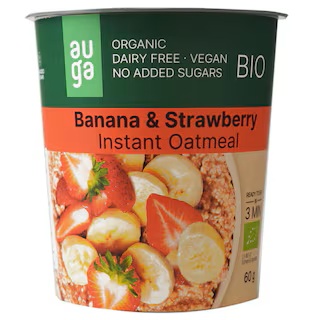 Porridge bio instant din ovaz integral cu banane si capsuni, 60 g, Auga