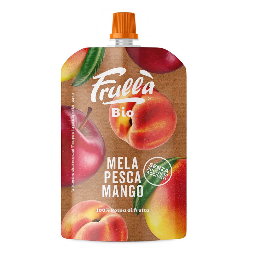 Piure bio pentru copii din mar,piersica si mango, 100 g, Frulla