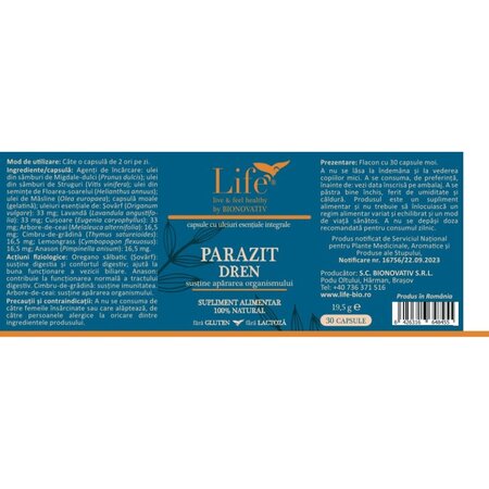Capsule cu uleiuri esentiale Parazit Dren Life, 30 capsule, Bionovativ 714470