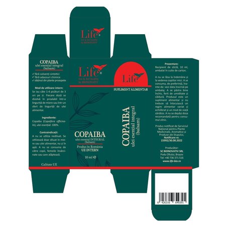 Ulei esential integral (balsam) de Copaiba Life, 10 ml, Bionovativ 705317