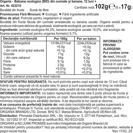 Batoane ecologice din curmale si banane 12 luni+, 6x17 g, Organix 601239