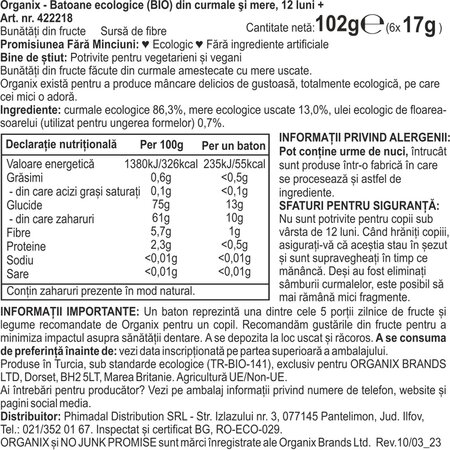 Batoane ecologice  din curmale si mere 12 luni+, 6x17 g, Organix 601242