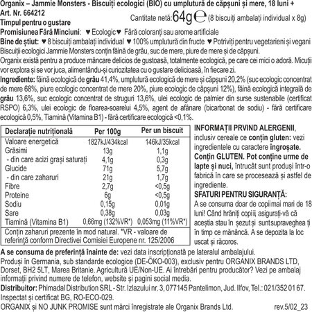 Biscuiti ecologici cu umplutura de capsuni si mere 18 luni+ Jammie Monsters, 64 g, Organix 601256