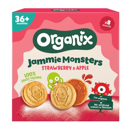 Biscuiti ecologici cu umplutura de capsuni si mere 18 luni+ Jammie Monsters, 64 g, Organix