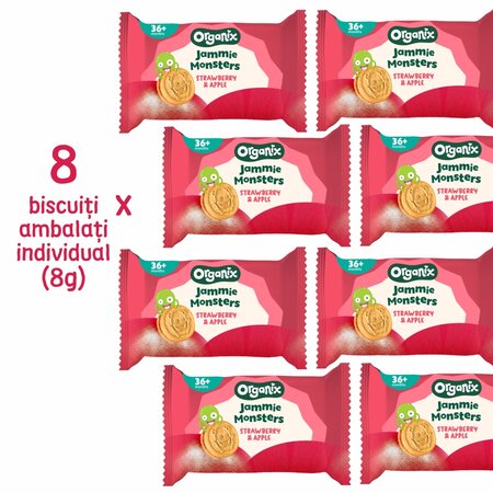 Biscuiti ecologici cu umplutura de capsuni si mere 36 luni+ Jammie Monsters, 8 x 8 g, Organix 756915