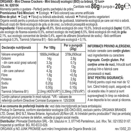 Biscuiti ecologici cu branza 12 luni+ Mini Cheese Crackers, 4x20 g, Organix 601264