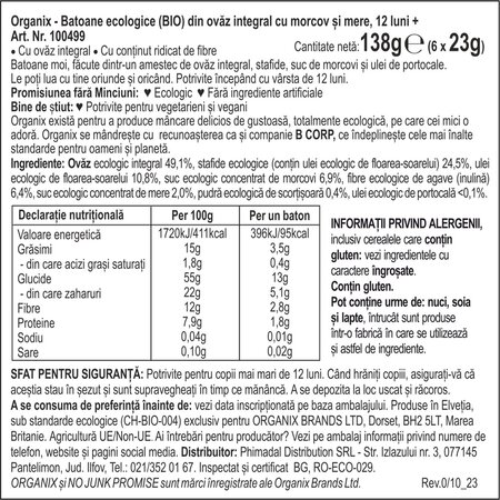Batoane ecologice din ovaz integral cu morcov si mere 12 luni+, 6x23 g, Organix 601289