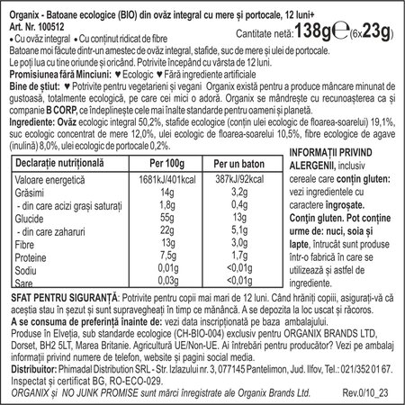 Batoane ecologice  din ovaz integral cu mere si portocale  12 luni+, 6x23 g, Organix 601295