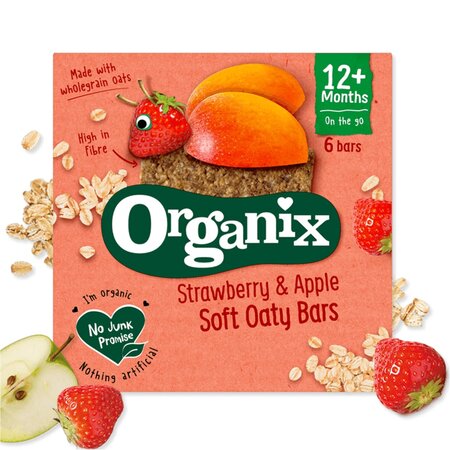 Batoane ecologice  din ovaz integral cu capsuni si mere 12 luni+, 6x23 g, Organix 601298