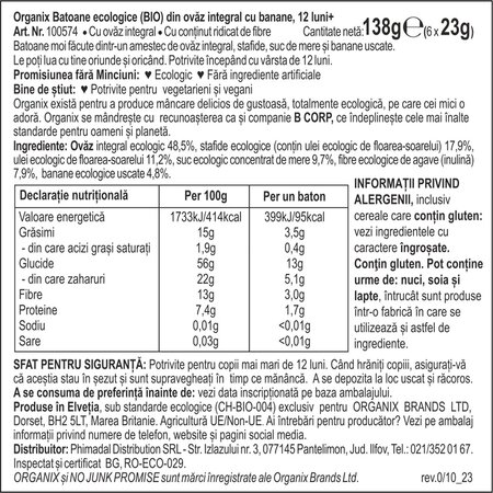 Batoane ecologice din ovaz integral cu banane 12 luni+, 6x23 g, Organix 601312