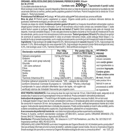 Musli ecologic cu banana, piersica si mar 10 luni+, 200 g, Organix 601337