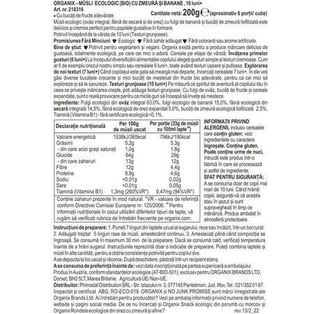 Musli ecologic cu zmeura si banane 10 luni+, 200 g, Organix 601343