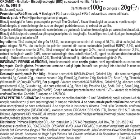Biscuiti ecologici cu cacao si vanilie 12 luni+ Gruffalo, 5x20 g, Organix 601370
