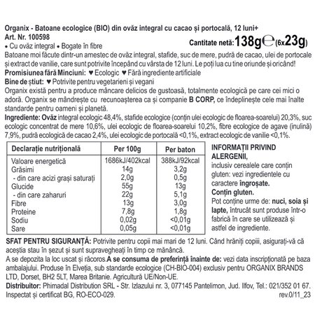 Batoane ecologice din ovaz integral cu cacao si portocala 12 luni+, 6x23 g, Organix 601383