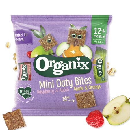 Mini batoane ecologice din ovaz integral cu mere si zmeura si mere si portocale 12 luni+, 110 g, Organix 601406