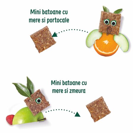 Mini batoane ecologice din ovaz integral cu mere si zmeura si mere si portocale 12 luni+, 110 g, Organix 601407