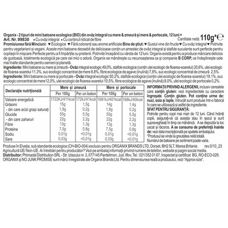 Mini batoane ecologice din ovaz integral cu mere si zmeura si mere si portocale 12 luni+, 110 g, Organix 601408