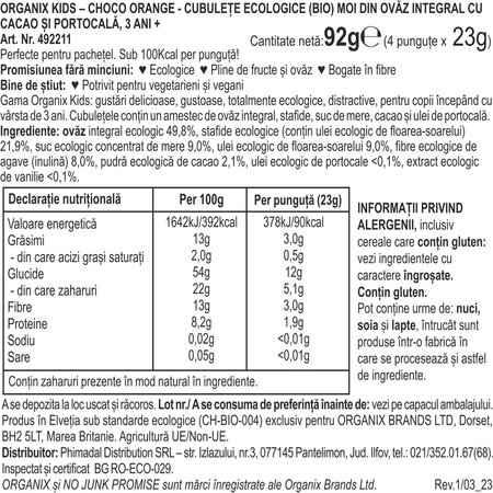 Cubulete ecologice moi din ovaz integral cu cacao si portocala 3 ani+, 4x23 g, Organix 601428