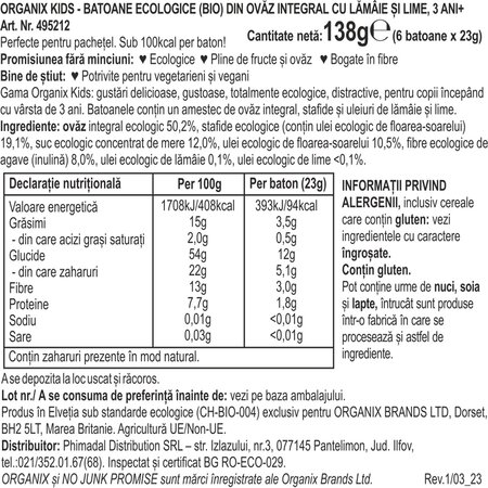 Batoane ecologice din ovaz integral cu lamaie si lime 3 ani+, 6x23 g, Organix 601444