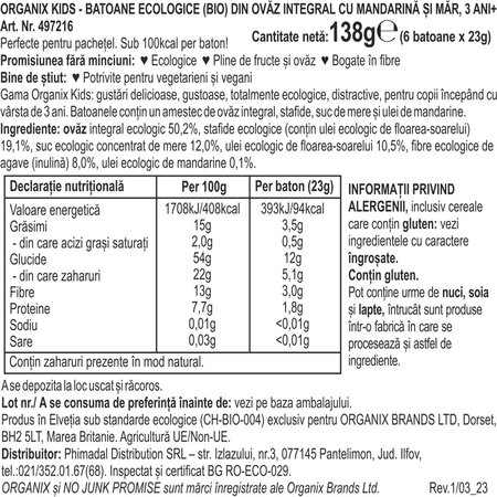 Batoane ecologice din ovaz integral cu mandarina si mar 3 ani+, 6x23 g, Organix 601454