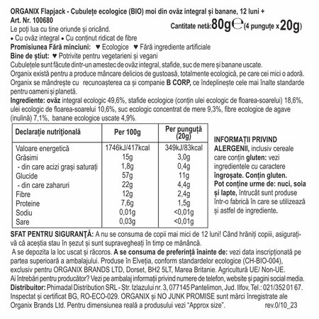 Cubulete ecologice moi din ovaz integral si banane 12 luni+ Flapjack, 4x20 g, Organix 601490