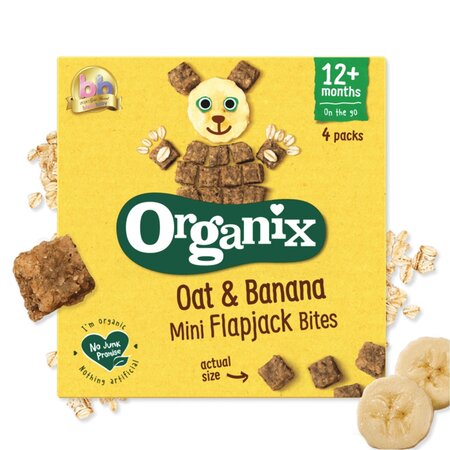 Cubulete ecologice moi din ovaz integral si banane 12 luni+ Flapjack, 4x20 g, Organix 601488