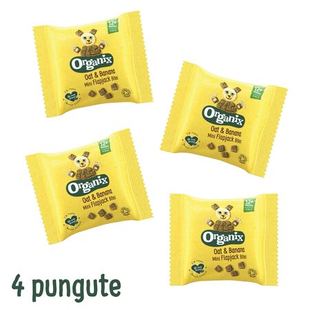Cubulete ecologice moi din ovaz integral si banane 12 luni+ Flapjack, 4x20 g, Organix 601489