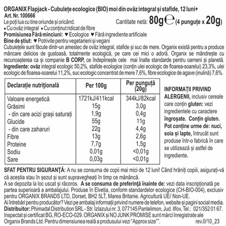 Cubulete ecologice moi din ovaz integral si stafide 12 luni+ Flapjack, 4x20 g, Organix 601494