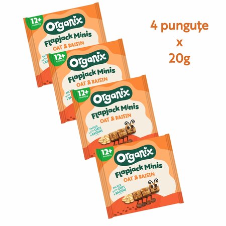 Cubulete ecologice moi din ovaz integral si stafide 12 luni+ Flapjack, 4 x 20 g, Organix 756997