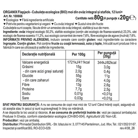 Cubulete ecologice moi din ovaz integral si stafide 12 luni+ Flapjack, 4 x 20 g, Organix 757002