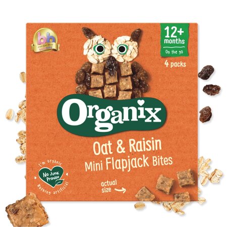 Cubulete ecologice moi din ovaz integral si stafide 12 luni+ Flapjack, 4x20 g, Organix 601492