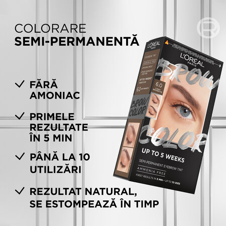 Kit colorare semi-permanenta sprancene Brow Color, nuanta 6.0 Light Brunette, Loreal 601945