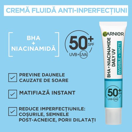Crema fluida invizibila anti-imperfectiuni cu SPF 50+ Pure Active, 40 ml, Garnier 602255