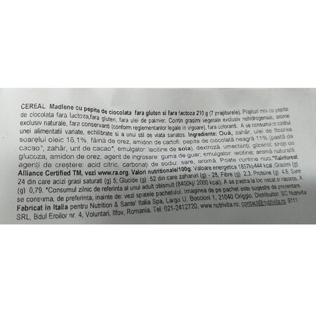 Madlene fara gluten cu bucati de ciocolata, 210 g, Cereal 602453