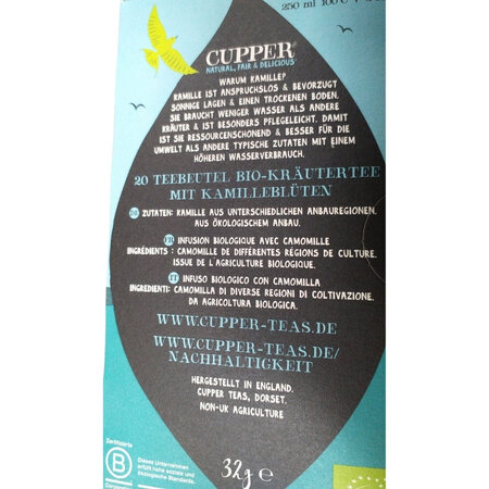 Infuzie eco din flori de musetel, 20 plicuri, Cupper 602600