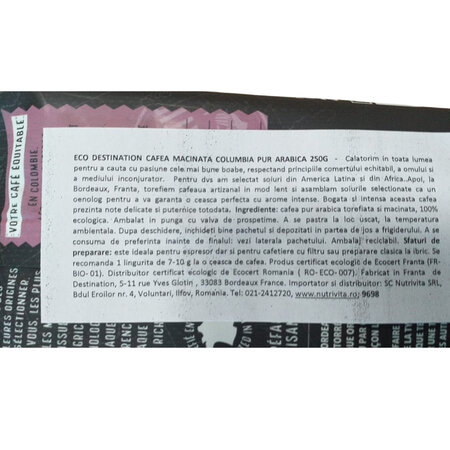 Cafea arabica eco macinata Columbia, 250 g, Destination 602616