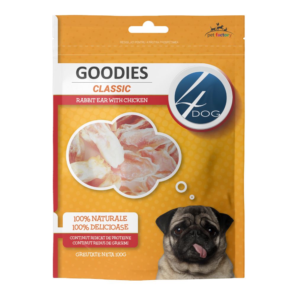 Recompense cu pui si iepure pentru caini 4Dog Classic Rabbit Ear with Chicken, 100 g, Goodies