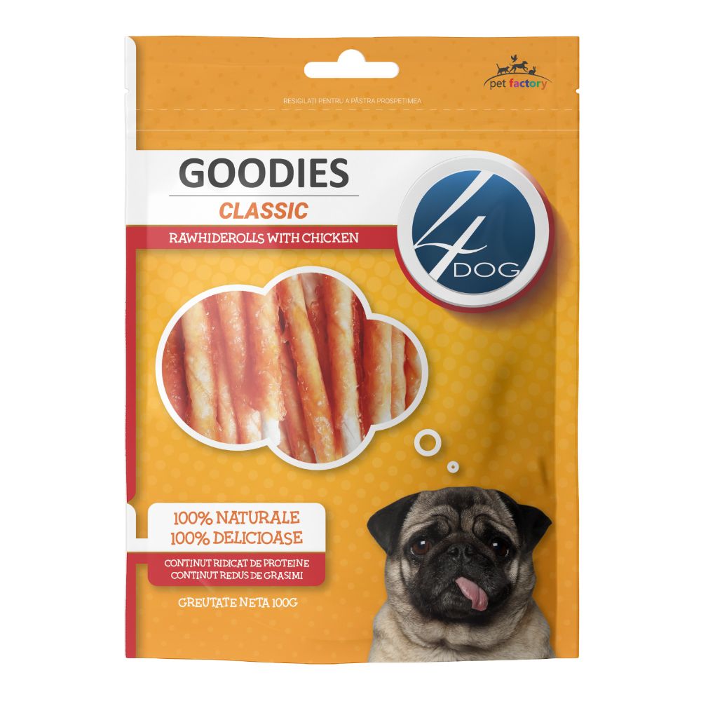 Recompense cu pui pentru caini 4Dog Classic Rawhide Sticks with Chicken, 100 g, Goodies