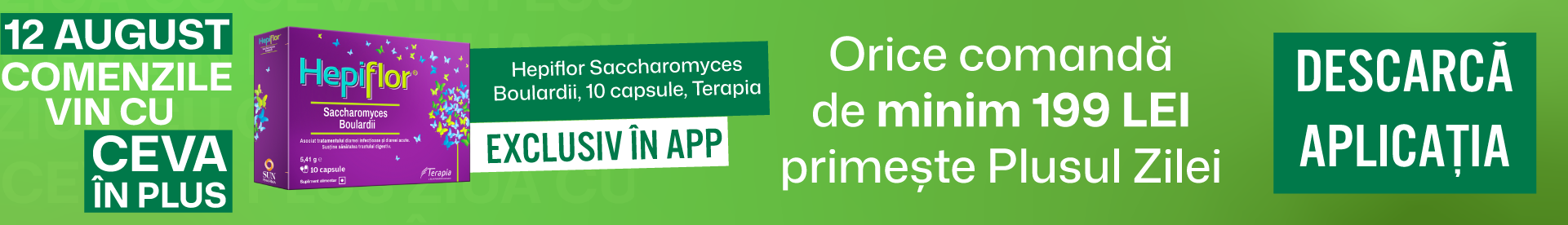 Comanda produse in valoare de minim 199 lei si primesti 1 x Hepiflor Saccharomyces Boulardii, 10 capsule, Terapia
