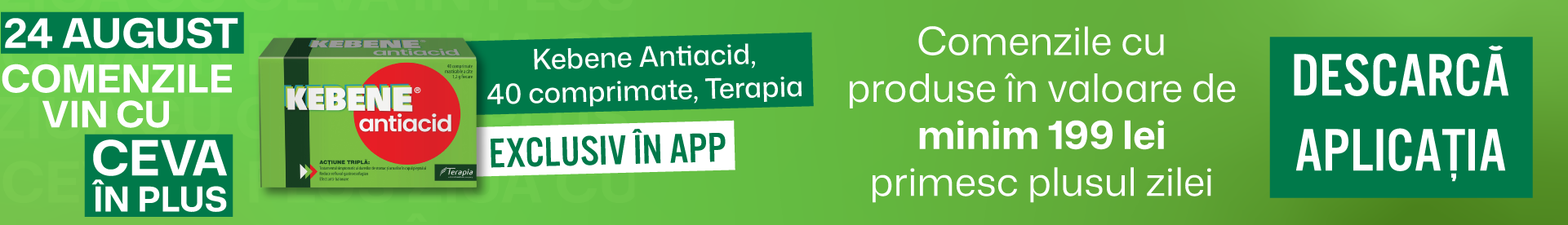 Comenzile cu produse în valoare de minim 199 lei primesc 1x Kebene Antiacid, 40 comprimate, Terapia