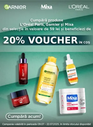 Garnier + L'Oreal + Mixa 20% Voucher in cos Iulie