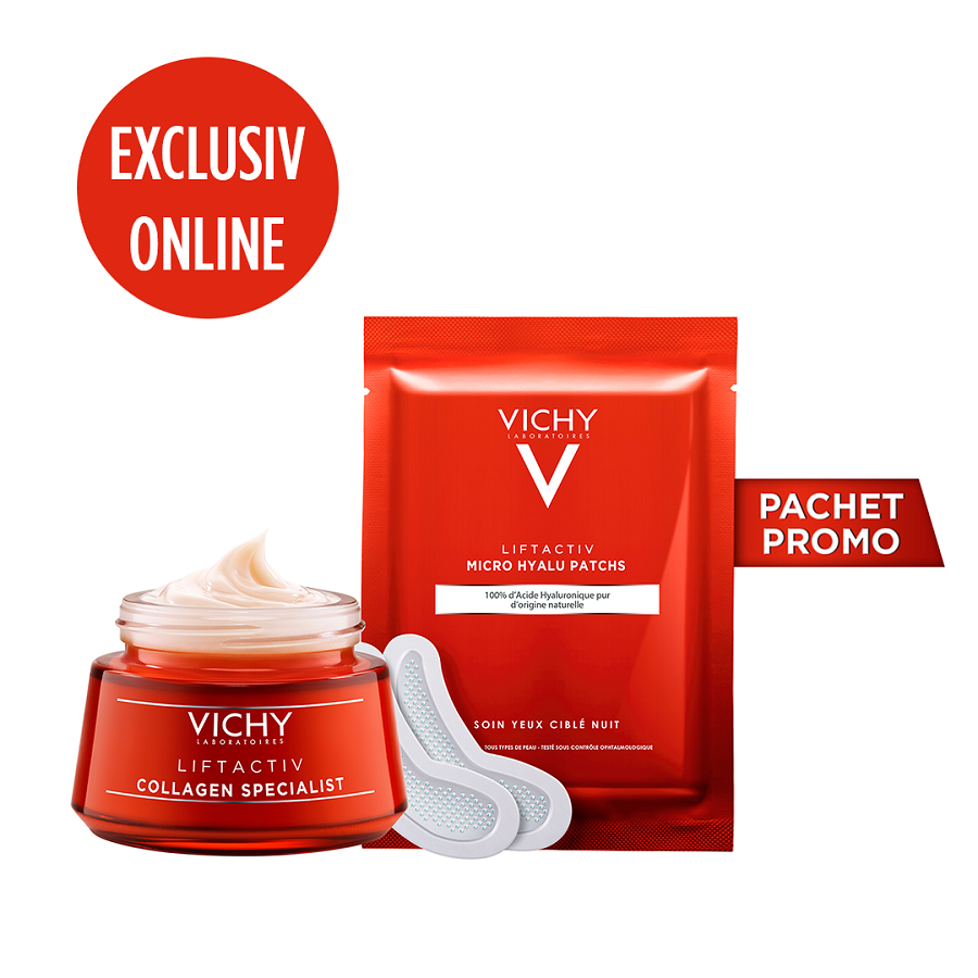 Pachet Crema de zi antirid Liftactiv Collagen Specialist, 50 ml + Plasturi antirid pentru zona ochilor Liftactiv Micro Hyalu Patches, 2 bucati, Vichy