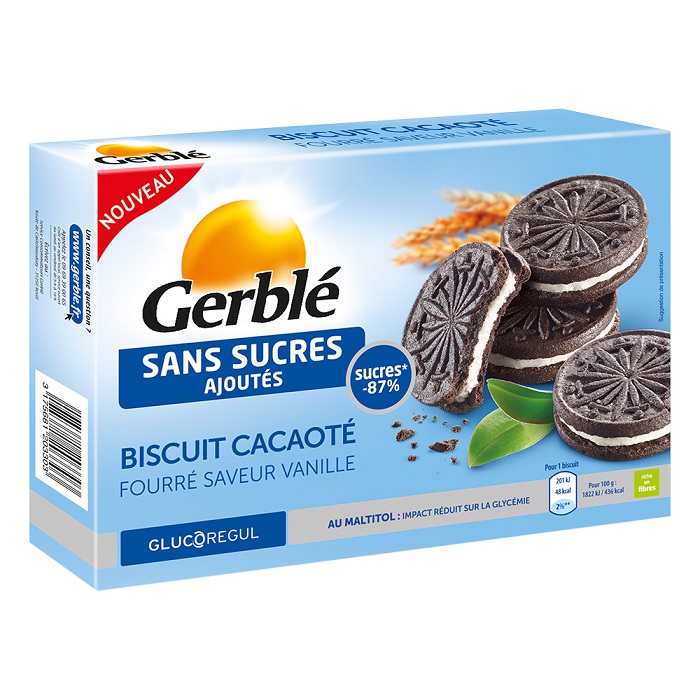 Biscuiti cu cacao umpluti cu crema de vanilie fara zahar adaugat, 176 g, Gerble