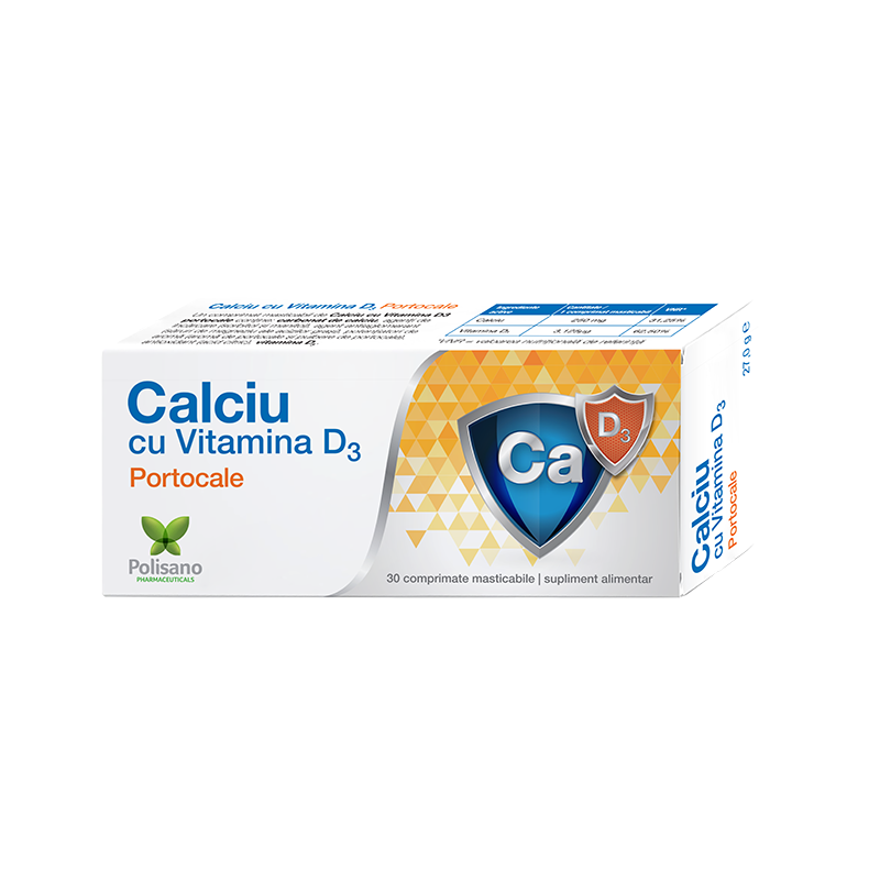 Calciu cu Vitamina D3 cu aroma de portocale, 30 comprimate, Polisano